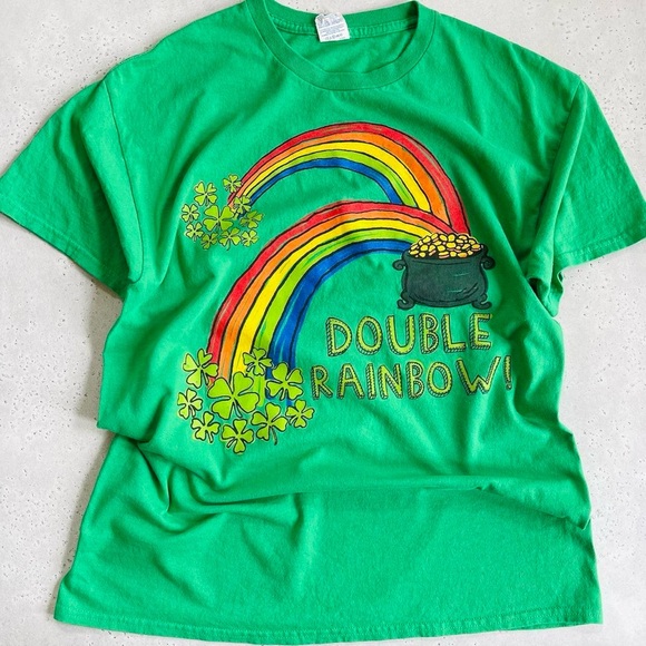 Gildan Other - Double Rainbow Shamrocks and Pot of Gold St Patrick’s Day Green Cotton Tee